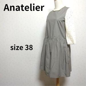 Anatelier 七分袖花柄 レーススリーブ 裏地アリ ひざ丈 フレアパールワンピース 膝丈 レディースファッション