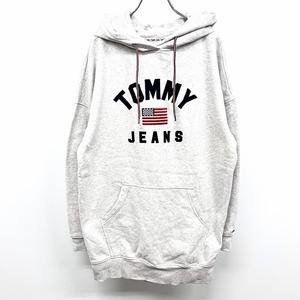 TOMMY JEANS トミージーンズ S レディース ロング丈 スウェット プルオーバー パーカー 裏起毛 ロゴ刺繍 星条旗 長袖 綿×ポリ 杢グレー