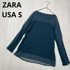 ● ZARA  ザラ　シアー　ニット切替　トップス　長袖　USA S  緑