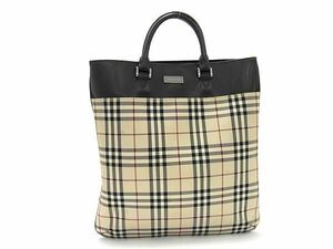 1円 BURBERRY バーバリー ノバチェック ナイロン×レザー トートバッグ ハンドバッグ レディース ベージュ系×ブラウン系 AZ4754