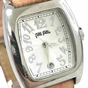 Folli Follie フォリフォリ 腕時計 S922 クオーツ アナログ トノー シルバー ピンク レザーベルト ウォッチ カレンダー 電池交換済 動作OK