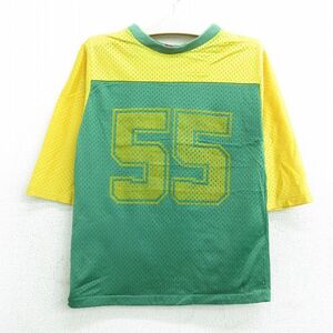 【50%OFF】古着 7分袖 ビンテージ フットボール Tシャツ キッズ ボーイズ 子供服 80s 55 メッシュ地 クルーネック ツートンカラー 緑他 5OF