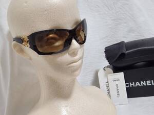 正規レア CHANELシャネル ダブルココマークロゴ シールドレンズスポーティー サングラス 茶 クロームブラック オープンエンブレムCC 付属有