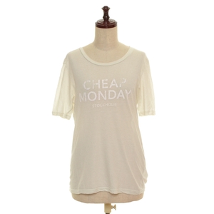 □424276 CHEAP MONDAY チープマンデー □シアープリントTシャツ 半袖 薄手 透け感 サイズS コットン レディース ホワイト