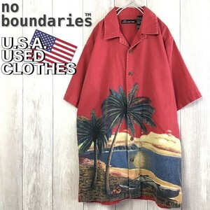 ★USA直輸入★良品★稀少サイズ★【no boundaries】ビーチ柄 コットン100％ 半袖 開襟 シャツ[海外規格メンズ S]赤 チカーノ 夕日 K-694