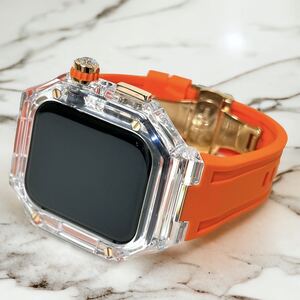 TCO★クリア&オレンジ★アップルウォッチバンド ラバーベルト カバー　Apple Watch クリア ケース 40mm 41mm 44mm 45mm 46mm 49mmDバックル