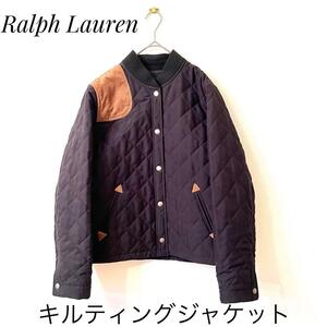 希少RALPH LAUREN ラルフローレン キルティングジャケット 切り替えブルゾン カジュアル ネイビー レザーガンパッチ 羊革 コーデュロイ