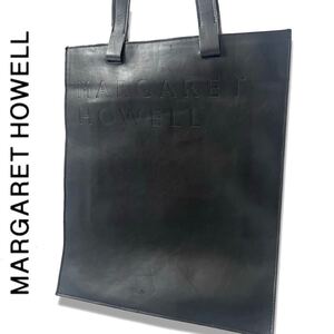 【送料無料】MARGARET HOWELL マーガレットハウエル　トートバッグ　ロゴ型押し　ハンドバッグ　本革　レザー　ブラック　黒　カバン