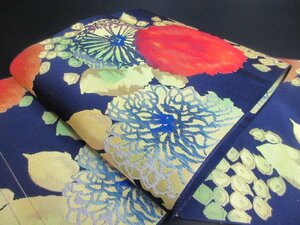 1円 良品 正絹 開き名古屋帯 和装 和服 本場筑前博多織 紺 菊 草花 花柄 八寸帯 長さ372cm【夢職】★★★