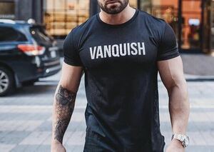【XL-size】VANQUISH センターロゴ Tシャツ メッシュ ブラック/スポーツ/GOLD/ウェア/メンズ/GYM/トレーニング/プロテイン/ダンベル/