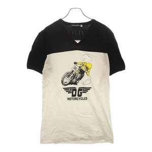 ドルチェアンドガッバーナ MOTORCYCLES モーターサイクルズ プリント ブイネック 半袖Tシャツ カットソー ブラック/ホワイト Tj50