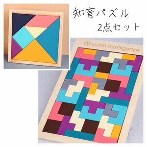 【2点セット】 カラフル 木製ブロックパズル 知育玩具 図形 ベビー キッズ 孫