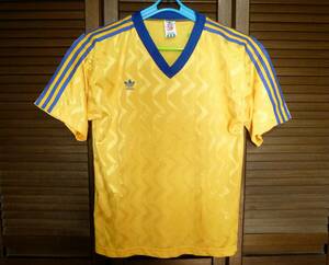 ☆希少品 90s adidas アディダス サッカーシャツ 黄色　soccer shirts ヴィンテージ 古着　半袖Tシャツ　USA製☆