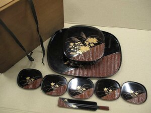 A1433 無銘 網代装黒塗 蒔絵 菊文 菓子器セット 菓子箱と取皿・盆セット 木製漆器