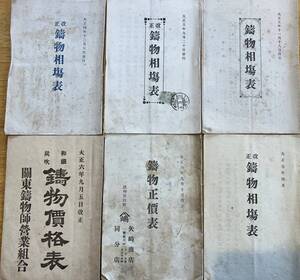 鋳物相場表・和鐵炭吹鋳物価格表　大正4年～大正7年　武州川口矢崎健藏・関東鋳物師営業組合・問屋日本橋田中長藏　今呂火鉢鉄瓶風呂釜等