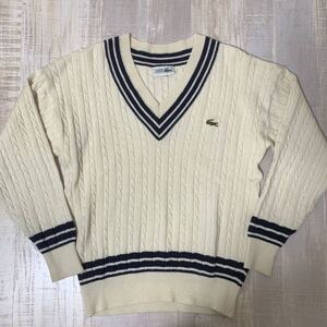 【ウールマーク入 美品】80s 90s LACOSTE Vネック ケーブル ニット ラコステ アイボリー サイズ3 ML相当 フランス FRENCE FRENCH メンズ 