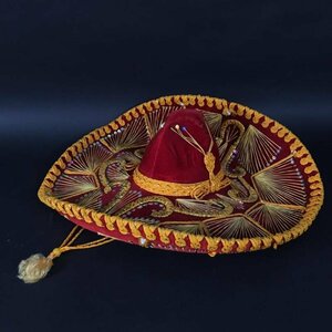 ER1003-8-3 メキシカン ソンブレロ ピガール ハット スパンコール ベロア 飾り 赤 ゴールド pigalle 帽子 刺繍 径62頭周り52cm 160サイズ