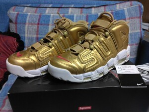 NIKE SUPREME AIR MORE UPTEMPO GOLD/WHITE/RED 17SS シュプリーム アップテンポ 金 ゴールド 902290-700 US9.5 27.5cm 国内正規品 黒タグ