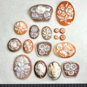 1円〜!!草・花モチーフ!!◆シェルカメオおまとめ31.9g◆j 約155ct shell cameo 貴婦人 ブローチ 彫刻 アンティーク 作家物 植物 w3ヤ40