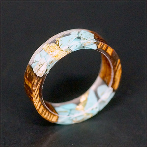 [RING] Resin Wood Gold Stone Inside ウッド 木 ターコイズ ストーン 金箔 ゴールド 入り ハンドメイド レジン 6.5mm リング 23号