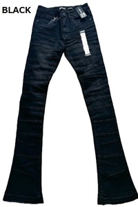 BJ11)WAIMEA ストレッチ入りステッチデザインデニムパンツ/STACKED JEANS/丈長パンツ/BLACK/28/AOM8148D/HIPHOP/USサイズ