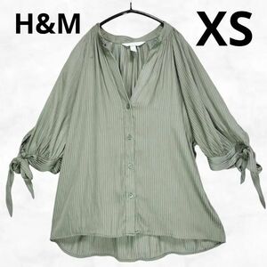 【H&M】エイチアンドエム リボンスリーブブラウス（XS）カーキグリーン