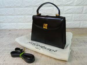 ☆美品　YVESSAINT LAURENT イヴ・サンローラン　カーフレザーケリー型　2Wayハンドバッグ　ヴィンテージ ロゴデザイン金具　