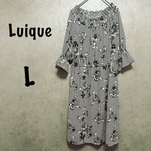 【Luique】ミニワンピース（L）デコルテ＊ストライプ＊花柄＊ポエットスリーブ