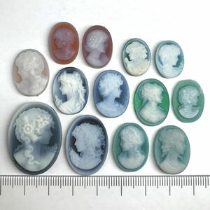 (ストーンカメオ13点おまとめ20.3g)u 101.5ct 裸石 ジュエリー jewelry stone cameo 貴婦人 ブローチ 彫刻 作家物 i①