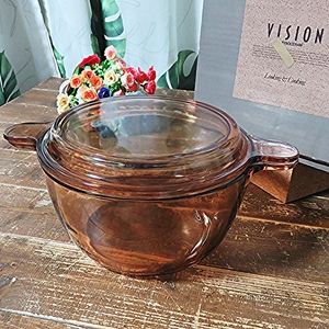 VISION ビジョン 琥珀色 CORNING FRANCE パイロセラム 径約18.5cm 耐熱ガラス 食器 昭和 レトロ キッチン 岩城硝子 カフェ 両手鍋 新古品 