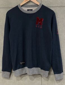 希少デザイン！ Munsingwear マンシングウェア 裏蓄熱素材 ロゴ刺繍 ウール混 ニット セーター ネイビー Mサイズ メンズ ウェア ○ 新規×