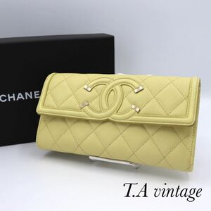 美品！CHANEL シャネル　キャビアスキン　CCフィリグリー　長財布　イエロー