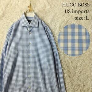 US輸入古着 HUGO BOSS 長袖シャツ チェック柄 ライトブルー 水色 ドレスシャツ Lサイズ ヒューゴボス メンズ