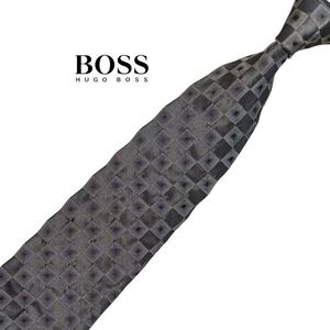 ★美品★ HUGO BOSS 高級ネクタイ ブロック柄 グレー系 ヒューゴボス USED メンズ服飾小物 中古 t848