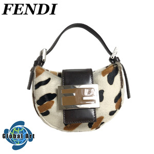 ●7D319【未使用保管品】FENDI フェンディ/ミニクロワッサン/ミニバッグ/ハンドバッグ/FF/アニマル/ハラコ/ホワイト×ブラウン×ブラック