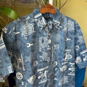 ハワイ　民俗調　アロハシャツ　紺　L XL