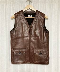 [GANGSTERVILLE by GLAD HAND] 11AW 定価63,800 THUG VEST ハンドペイント イカーレザーベスト S 牛革 ブラウン ギャングスタービル