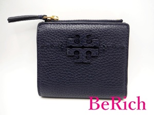 トリーバーチ TORY BURCH 二つ折り財布 ネイビー 紺 レザー ロゴ ミニ コンパクト ウォレット 【中古】 bs3109