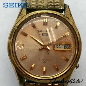 【可動品】SEIKO セイコー ５ 21石 デイデイド 腕時計 6119-7010 ゴールド 文字盤/シルバー 自動巻き 箱付属 (破損品)　