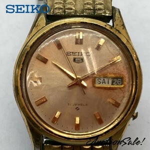 【可動品】SEIKO セイコー ５ 21石 デイデイド 腕時計 6119-7010 ゴールド 文字盤/シルバー 自動巻き 箱付属 (破損品)