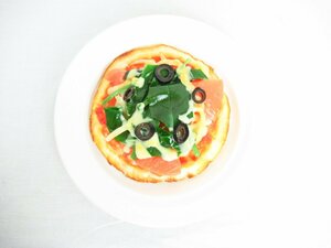 O-93【直接引取不可】食品サンプル ディスプレイ ピザ Pizza サーモン オリーブ バジル 容器付き 料理模型 置物 飲食店