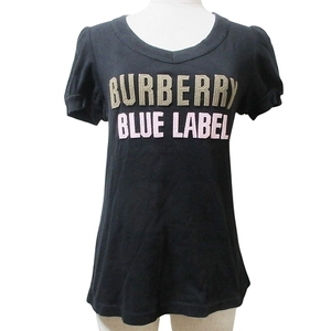 バーバリーブルーレーベル BURBERRY BLUE LABEL 半袖 Ｔシャツ ロゴアップリケ カットソー Vネック パフスリーブ 38 M相当 黒 ■GY09