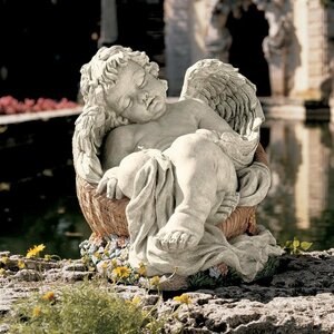 花かごで居眠りをする天使 像 エンジェル（大）屋外置物インテリアアウトドア兼用彫刻アクセント小物オブジェフィギュア彫像庭ガーデン飾り