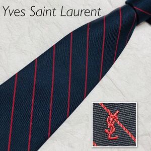 YVES SAINT LAURENT イヴ・サンローラン　ネクタイ　レジメンタルストライプ　YSLロゴ　ビジネス　ブルー×レッド