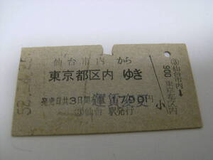 東北本線　仙台市内から東京都区内ゆき　昭和52年4月25日　仙台駅発行　国鉄