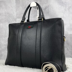 極美品 GUCCI グッチ 2WAY ビジネスバッグ ブリーフケース トート ハンド 肩掛け オールレザー A4 シェリーライン ロゴ型押し ファスナ 黒