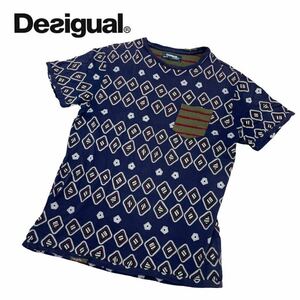 b106 Desigual 半袖シャツ 半袖Tシャツ 半袖 トップス プールオーバー ネイビー系 総柄 サイズS メンズ