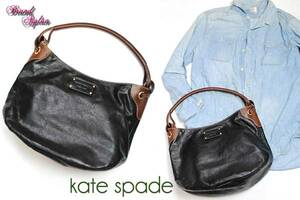 ケイトスペード■美品　ロゴ入り総レザーショルダーバッグ　ブラック　kate spade　黒