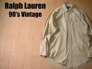 大人気Ralph LaurenベージュシャツMワンポイントボタンダウン90sビンテージ正規BLAIREラルフローレンOXFORDオックスフォードチノカーキPOLO