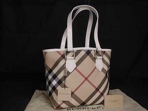 ■新品同様■ BURBERRY バーバリー PVC×レザー チェック柄 ハンドバッグ トートバッグ ショルダー レディース ベージュ系 FA3651